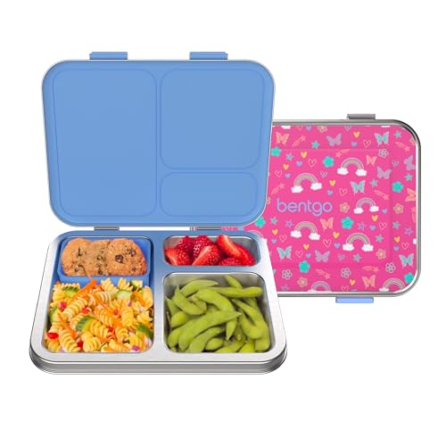 Bentgo Kids Stainless Steel Prints Leak-Resistant Lunch Box - 3-Compartments with Silicone Container, Durable, Eco-Friendly, Dishwasher Safe, BPA-Free, for School, Ages 3+ (Rainbows & Butterflies) - color: Rainbows and Butterflies