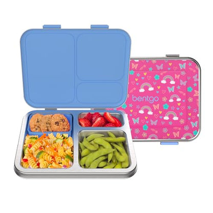 Bentgo Kids Stainless Steel Prints Leak-Resistant Lunch Box - 3-Compartments with Silicone Container, Durable, Eco-Friendly, Dishwasher Safe, BPA-Free, for School, Ages 3+ (Rainbows & Butterflies) - color: Rainbows and Butterflies