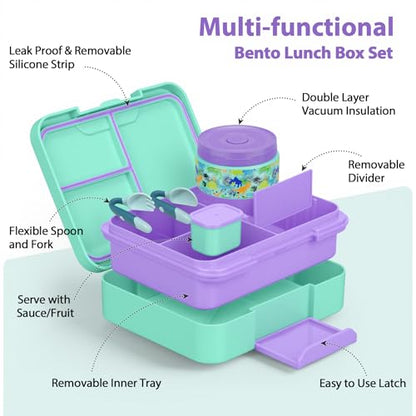 Kids Bento Lunch Box Set with 9.5oz Soup Thermo, Leak-Proof Lunch Food Containers with 3 Compartment and Removable Inner Tray, Insulated Hot Food Jar with Lunch Bag for School, Office, Dinosaur Green - color: Dinosaur Green