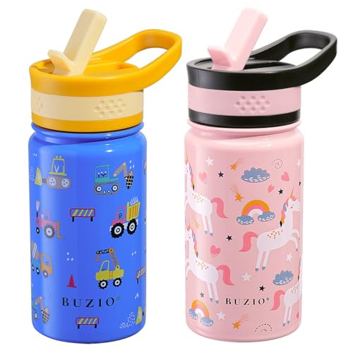 2 Pack Kids Water Bottle, BUZIO 14oz Insulated Stainless Steel Water Bottles with Tritan Straw Lid for toddler, Double Wall Leak Proof Lead-Free Drink Flask for School Boy Girl (Pink Unicorn+Blue Car) - color: Pink Blue