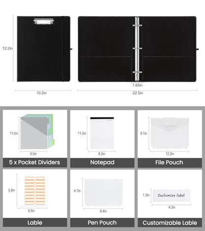 3 Ring Binder with Clipboard,1 Inch Binders with Notepad&5 Dividers with Pockets, Labels,PU Clipboards for School Office(Black,Letter Size) - color: Black, size: Letter Size - 1 Inch