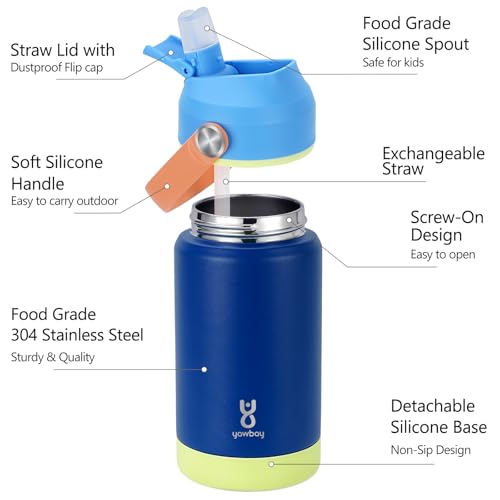 Kids Insulated Water Bottle with Straw Lid & Silicone Handle,12oz Kids Leak Proof Water Bottle for School Boys Girls,Double Wall Vacuum Stainless Steel with Non-slip Silicone Base(Dark Blue) - color: Dark Blue, size: 12 Ounces