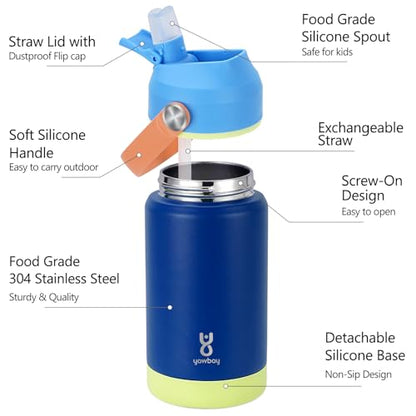 Kids Insulated Water Bottle with Straw Lid & Silicone Handle,12oz Kids Leak Proof Water Bottle for School Boys Girls,Double Wall Vacuum Stainless Steel with Non-slip Silicone Base(Dark Blue) - color: Dark Blue, size: 12 Ounces