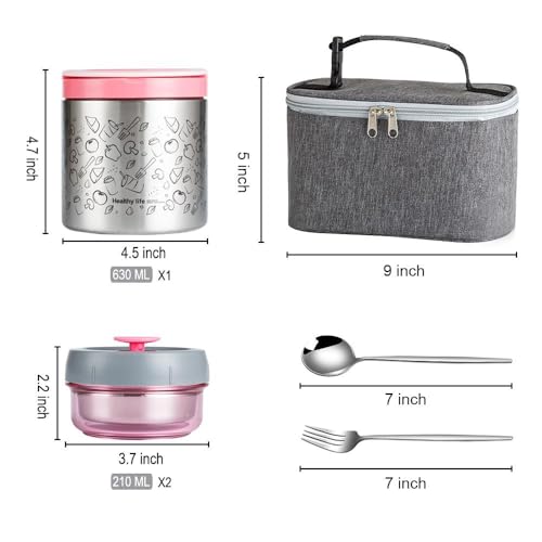 Lille Home Portable Insulated Lunch Box Set with Stainless Steel Cutlery, vacuum lunch box, to Keep Food Warm or Cool, Two Containers for Fruits and Sauces, Durable and Leak-Proof(Pink) - color: Pink