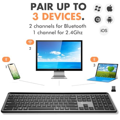 X9 Wireless Keyboard with Phone Holder - Full Size Bluetooth Keyboard with Number Pad, Backlit Wireless Keyboard, Multi-Device for iPad, Tablet, PC, Mac, iPhone, Android - Gray - color: Gray