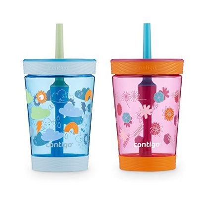 Contigo Kids Spill-Proof Tumbler with Straw 14 oz. 2 Pack - color: Blue Poppy Clouds & Dragonfruit Wildflowers, size: 14 Ounces