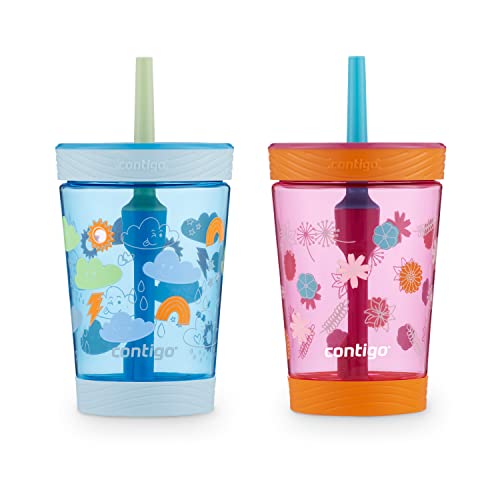 Contigo Kids Spill-Proof Tumbler with Straw 14 oz. 2 Pack - color: Blue Poppy Clouds & Dragonfruit Wildflowers, size: 14 Ounces