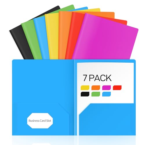 7 Pack Heavyweight Plastic Folders with Pockets, 7 Distinct Colors, Letter Size 2-Pocket Folders with Card Slot for School Office Home Organization