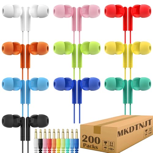 200 Pack Bulk Earbuds for Classroom,Wholesale Wired Students in Ear Earphones with 3.5 mm Jack for School Computer Chromebook Laptop PC,Individually Bagged,(HTC003,Mixed Colors) - size: 200 PACK