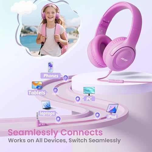 Acer Kids Headphones - 85/94dB Volume Limiter, Foldable Wired Over Ear Headphones for Travel, 3.5mm Jack, Toddler Headphones for School, Travel, iPad, Tablet, Pink Gradient, HK03 - color: Pink Gradient