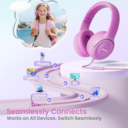 Acer Kids Headphones - 85/94dB Volume Limiter, Foldable Wired Over Ear Headphones for Travel, 3.5mm Jack, Toddler Headphones for School, Travel, iPad, Tablet, Pink Gradient, HK03 - color: Pink Gradient