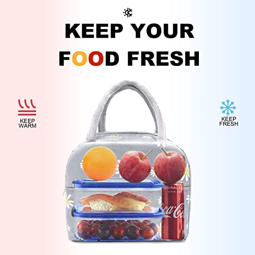 Sonuimy Insulated Lunch Bag Women Girls, Reusable Cute Tote Lunch Box for Adult & Men, Leakproof Cooler Lunch Bags for Work Office Travel School Picnic (Grey with White Daisy) - color: Grey with White Daisy