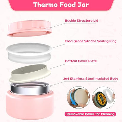 Aimsnk Lunch Box Kids with Thermo Insulated Lunch Bag for School, Pink | Bento Lunch Box for Kids with 8oz Food Jar, Leak Proof Hot Lunch Containers with 4 Compartment, Warm Lunchbox for Toddler - color: Pink