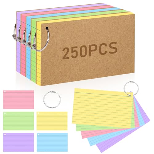 4x6 Inches Index Cards, 250PCS Colored Flash Cards with Ring, Lined on Both Side Notecards Ruled Study Card Flashcards Heavy Note Cards for Studying, Learning, School, College - size: 4x6