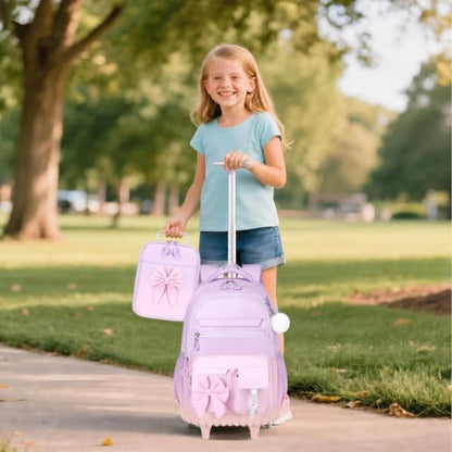 DIGOBAY Rolling Backpack for Girls, Cute Roller School Bag with Wheels, Kids Wheeled Backpacks Set with Lunch Bag Pencil Case for Teen Girls Kindergarten Elementary Middle School - color: Purple-pink