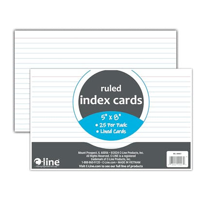 C-Line 5” x 8” Index Cards, White, Ruled, 25/PK (49907)