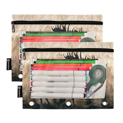 Moose Brown Pencil Pouch for 3 Ring Binder Pencils Bag Pencil Case with Zipper Clear Window for School Office 2 Packs - color: Moose Brown Wood