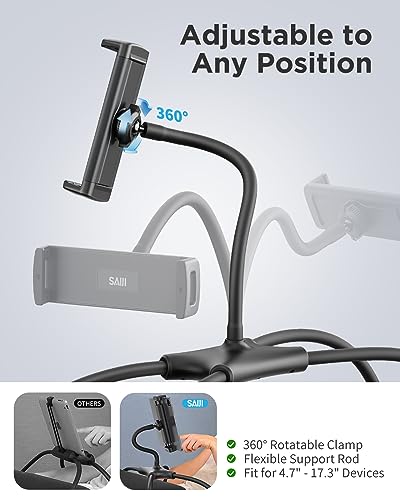 SAIJI Tablet Holder for Bed - iPad Phone Stand for Lap (Black) | Fit Devices from 4.7" to 15.6", 360-Degree Rotating Clip, Hands-Free Reclined Reading, Neck & Posture Relief - color: Black