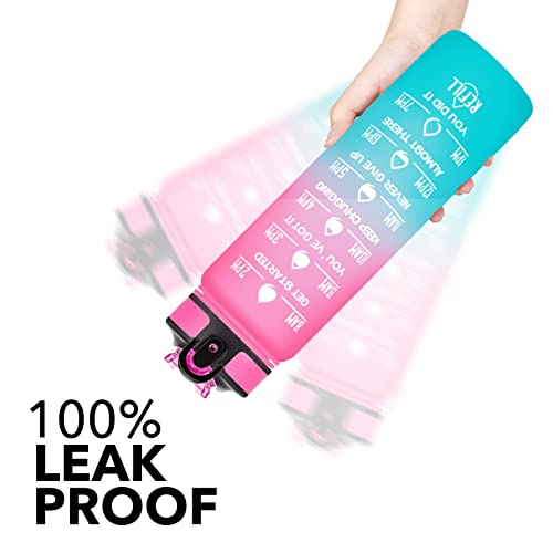 Hyeta Water Bottle with Straw & Time Marker, Plastic 32oz Leakproof | Motivational Tritan BPA Free Gym Office Outdoor Intake Tracker Hourly Reminder Straw Lid Carry Strap - color: Pink-Green