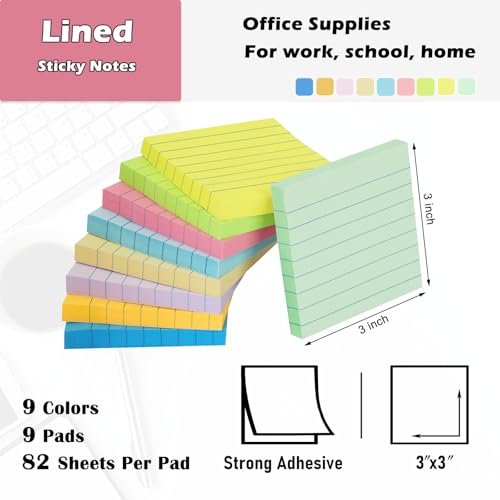 HQCME 9 Pack Lined Sticky Notes 3x3 in Post Sticky Notes with Lines, 9 Multi Colors Ruled Colorful Super Sticking Power Memon Pads, 82 Sheets/Pad - size: 3x3 in