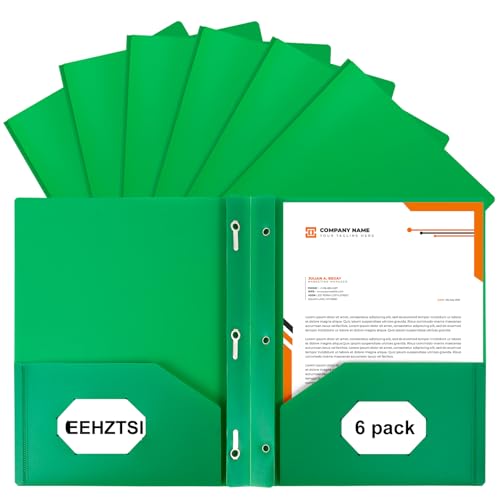 6-Pack Green Plastic Folders with Pockets and Prongs,2-Pocket Folders with 3 Fasteners, Holds US Letter Size Paper for School/Office/Home - color: Green, size: 6-Pack