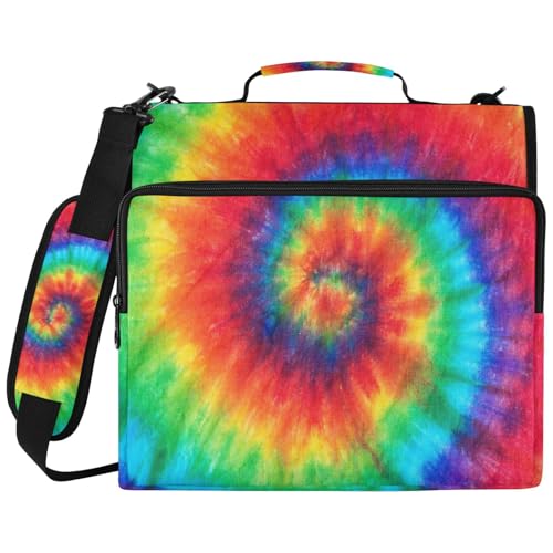 Zipper Binder Spiral Tie Dye Rainbow Bag with Shoulder Strap 3 Ring Binder Organizer Large Capacity Multiple Pockets for School Office - color: Multicolor Tie Dye