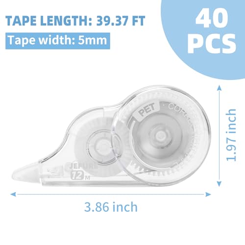 40 Pcs Correction Tape, 39.4 Ft White Wrong Out Tear-Resistant Bulk, Instant Corrections Easy To Use Applicator for School, Office, Note Taking, Journal (Tape Width 0.2 in, Clear) - size: 1 Count (Pack of 40)