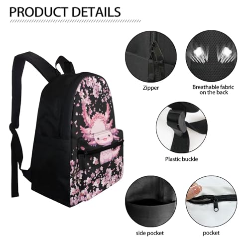 BIGCARJOB Kids Backpack Flower Axolotl School Bags for Girls 10-12 Book Bag 17 Inch Kids Children Schoolbag Large Bookbag with Lunch Box Pencil Case Set Pink Cherry Blossom Flower Axolotl Backpack Set - color: Axolotl Flower, size: One Size