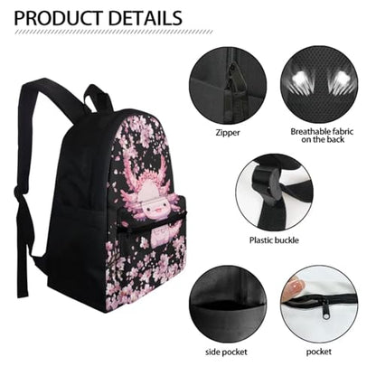 BIGCARJOB Kids Backpack Flower Axolotl School Bags for Girls 10-12 Book Bag 17 Inch Kids Children Schoolbag Large Bookbag with Lunch Box Pencil Case Set Pink Cherry Blossom Flower Axolotl Backpack Set - color: Axolotl Flower, size: One Size