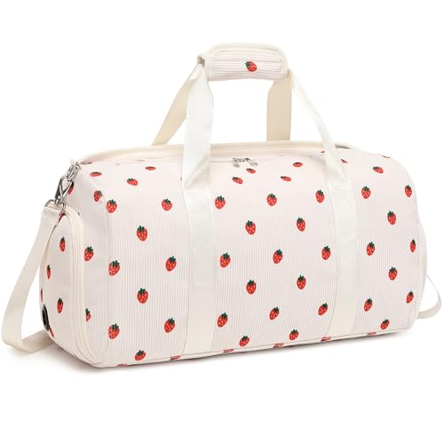 Dance Bag Girls Duffle Bag Gymnastics Bags for Girls Overnight Sleepover Bags with Shoe Compartment and Wet Pocket,Strawberry Shape Corduroy - color: Strawberry Beige