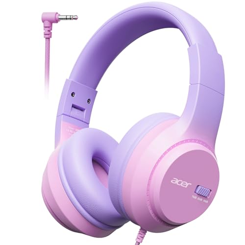 Acer Kids Headphones, 74/85/94dB Volume Limiter, Foldable Wired Over Ear Headphones for Travel, 3.5mm Jack, Toddler Headphones for School, iPad, Chromebook, Tablet, Pink Purple - color: Pink Purple