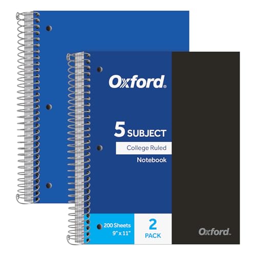 Oxford Spiral Notebooks, 5 Subject, College Ruled Paper, Durable Plastic Cover, 200 Sheets, 5 Divider Pockets, 2 per Pack (10388) - size: 5-Subject