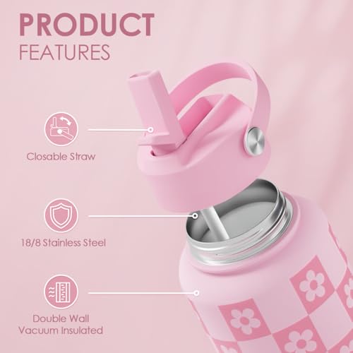 SANDJEST Checker Daisy Water Bottle 32oz Stainless Steel with Lid & Straw, Checkerboard Insulated Bottles Gifts for Women Girls Friends, Gift Idea for Birthday Christmas - color: Checker Daisy