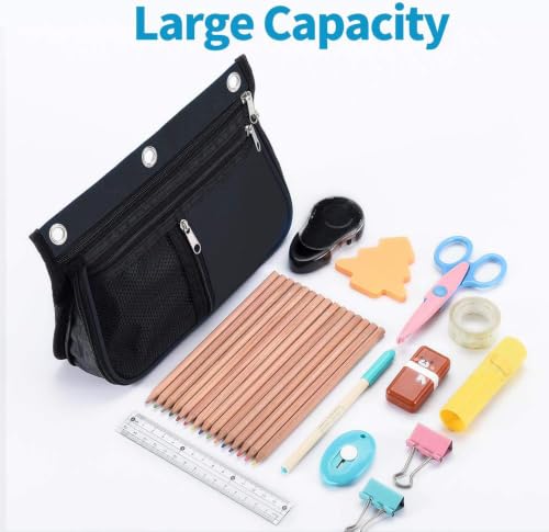 Sooez Pencil Pouch for Binder, Expandable Zipper Pencil Pouch, Fabric Pencil Pouches Binder Pockets, Large Capacity Binder Pouch, Pencil Case for 3 Ring, Black, 2 Pack - color: Black & Black
