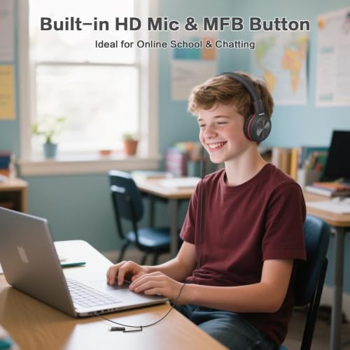 SIMOLIO Wired Headphones for Kids with Mic, USB C & 3.5mm, Safe Volume, Share Port & Pouch, Kids Headphones w/Passive Noise Cancelling, Foldable Headsets for School Airplane Travel iPad (Black) - color: Jet Black