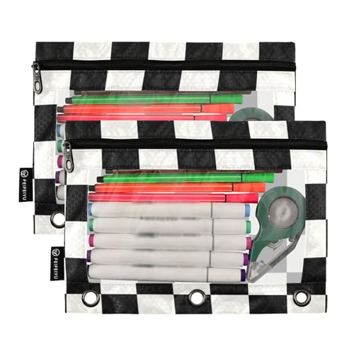 Fustylead Black and White Checkered 2 Pack Pencil Pouches for 3 Ring Binder, Big Capacity Binder Pencil Bag with Clear Window for School Office Cosmetic Supplies - color: Black and White Checkered