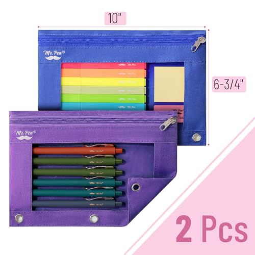 Mr. Pen- Pencil Pouch for 3 Ring Binder, 2 Pack, 10"x6.75", Smooth Zipper | Clear Window, Large Capacity Pencil Case with 3 Reinforced Grommets for School, Office, Supplies Storage | Clear Window, Large Capacity Pencil Case with 3 Reinforced Grommets for