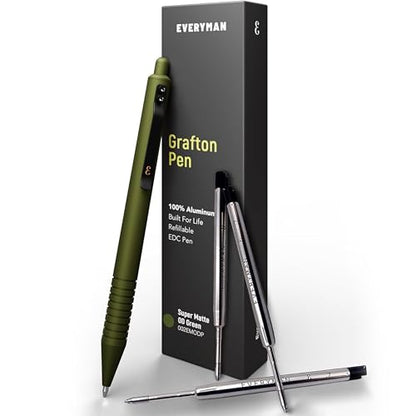 Everyman OD Green Super Matte Grafton Pen & Refill Set | Refillable Metal 0.7mm Gel Pen with 3 Smooth Black Ink Refills | Premium EDC Writing Tool for Office, Work, Travel & Gifting - color: OD Green, style: Pen with Refills Bundle