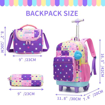 Rolling Backpack for Girls,Backpack with Wheels for Kids 8–12,Lightweight Wheeled School Backpack with Lunch Box,Cute Bookbag for Elementary and Middle School - color: Pink Dot