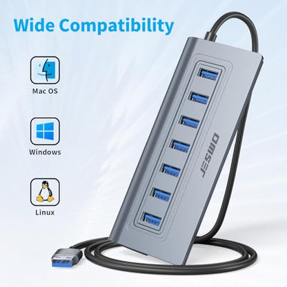 Powered USB Hub, JESWO 7-Port USB 3.0 Hub, Aluminum USB Data Hub with 3.3ft Cable, USB Hub 3.0 Powered with 5V/4A Power Adapter for MacBook, Notebook PC, USB-Flash Drives, Mobile HDD and More (Grey) - color: Grey