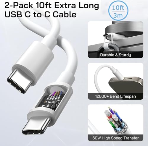 Fast Charger for iPhone 16,2Pack PD USB C iPhone Charger Dual USB C Port Charger Block with 10 Foot Long USBC to C Charger Cable Cord. Compatible with iPhone 16/16 Pro/15 Pro Max,iPad Pro/Air/Mini - size: 10FT