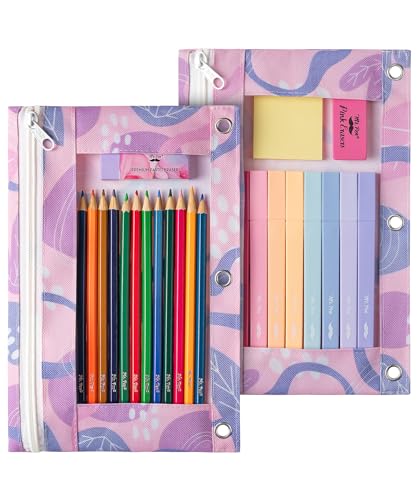 Mr. Pen- Pencil Pouch for 3 Ring Binder, 2 Pack, 10"x6.75", Smooth Zipper | Clear Window, Large Capacity Pencil Case with 3 Reinforced Grommets for School, Office, Supplies Storage - color: Plum Blossom, size: 2 Pack