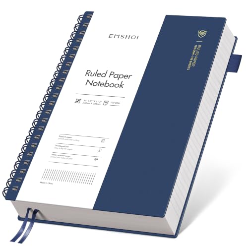 EMSHOI Lined Spiral Journal Notebook, 300 Pages, A4 Size (8.2'' x 11.2'') | College Ruled, 100 GSM Thick Paper, Flexible Plastic Cover, for School, Writing, Work, Office & Journaling (Navy Blue) - color: Navy Blue, size: A4