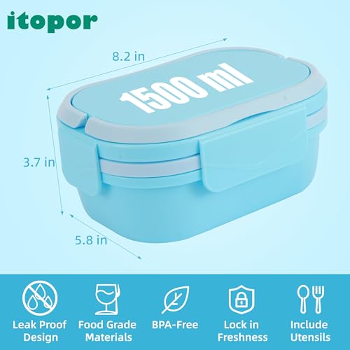 Itopor Bento Box for Kids, Stackable Kids Lunch Box, Pale Blue, 40 oz | Leakproof 2-compartment base, 3-compartment snack tray, hidden handle & utensils. BPA-Free, microwave & dishwasher safe