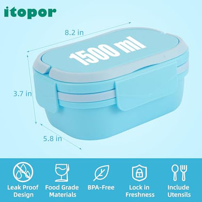 Itopor Bento Box for Kids, Stackable Kids Lunch Box, Pale Blue, 40 oz | Leakproof 2-compartment base, 3-compartment snack tray, hidden handle & utensils. BPA-Free, microwave & dishwasher safe