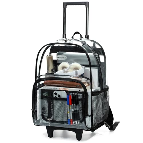 Rolling Clear Backpack Heavy Duty, 3-Stage Telescopic Handle Transparent Bookbag with wheels, See Through Backpack for College, Work, Travel
