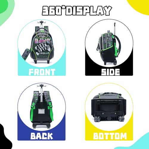 Meetbelify Rolling Backpack with Wheels for Boys Rolling Backpacks with Lunch Box for Elementary School Students Kids 3 in 1 Travel Luggage Carry on Suitcase for Boys Age 8-10 - color: 02 Green Game