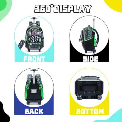 Meetbelify Rolling Backpack with Wheels for Boys Rolling Backpacks with Lunch Box for Elementary School Students Kids 3 in 1 Travel Luggage Carry on Suitcase for Boys Age 8-10 - color: 02 Green Game