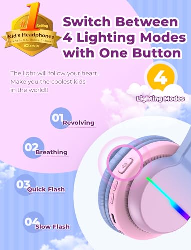 iClever BTH12 Kids Bluetooth Headphones,Colorful LED Lights,74/85dBA Safe Volume,85H Playtime,Fast Charging,Bluetooth 5.2,Over Ear Kids Headphones Wireles for iPad/Tablet/Airplane, Gradient Pink - color: Gradient Pink