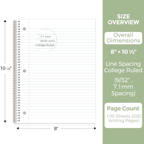 SKYDUE 8"x10.5" Spiral Notebook - College Ruled 100 Sheets, 1 Subject Notebook for School & Office, 3-Hole Punched Paper, Green - color: Green